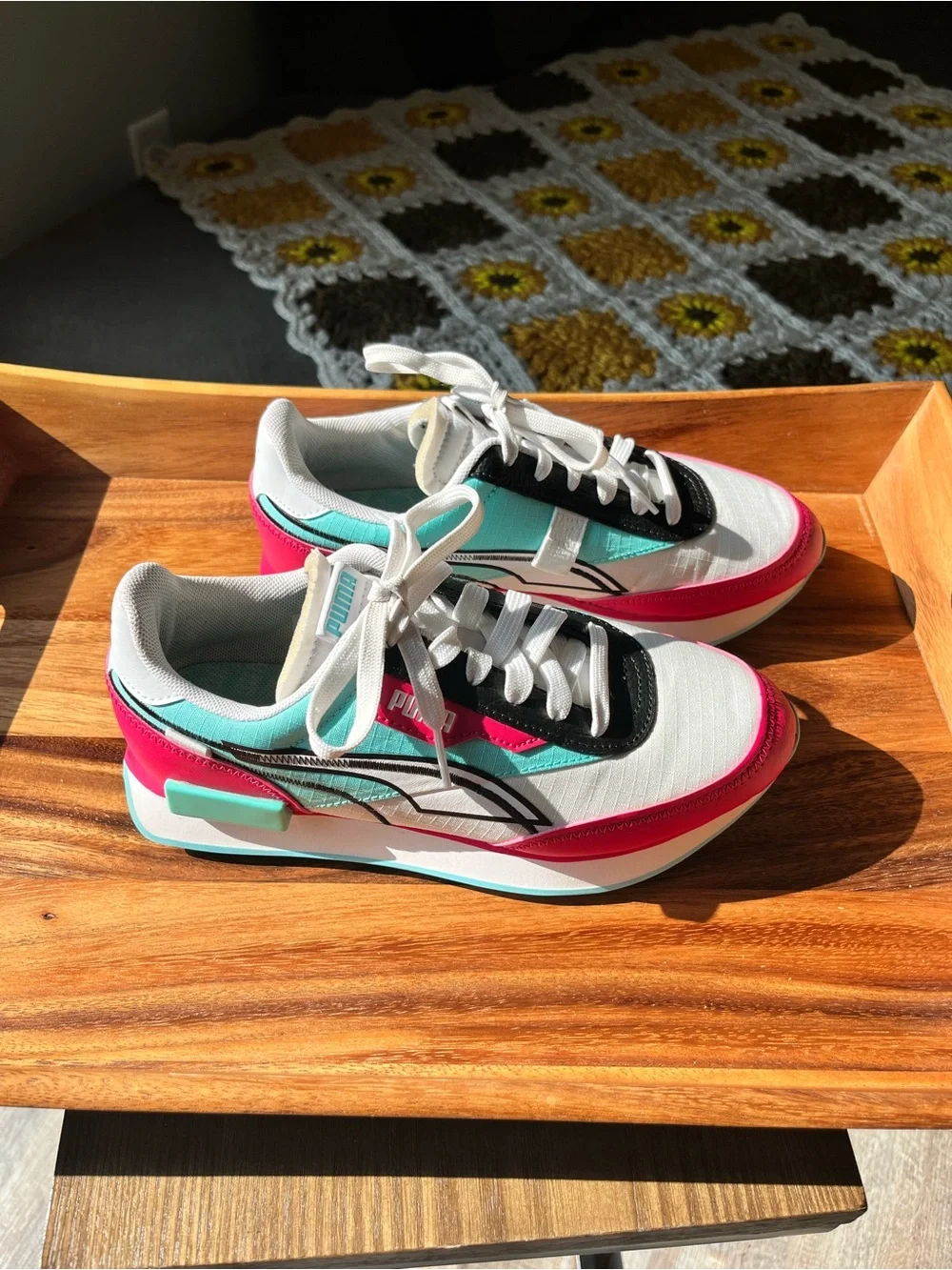 Puma Kids White Sneakers with Pink, Teal & Black Accents